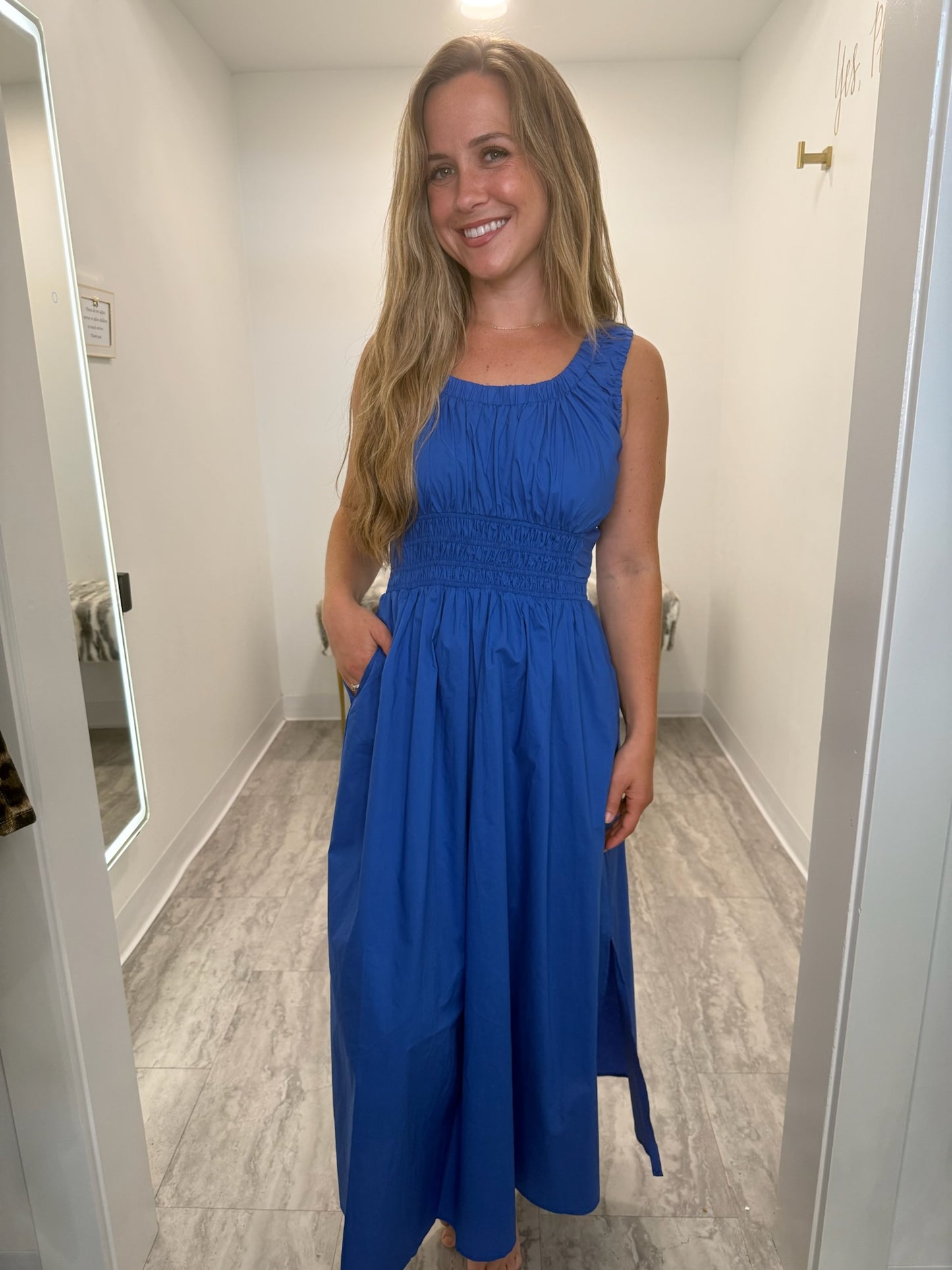 Royal Blue Poplin A-Line Midi Dress