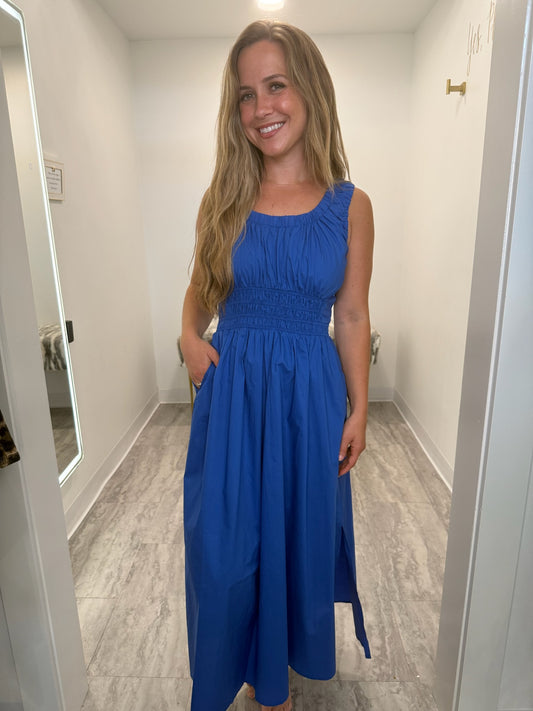 Royal Blue Poplin A-Line Midi Dress