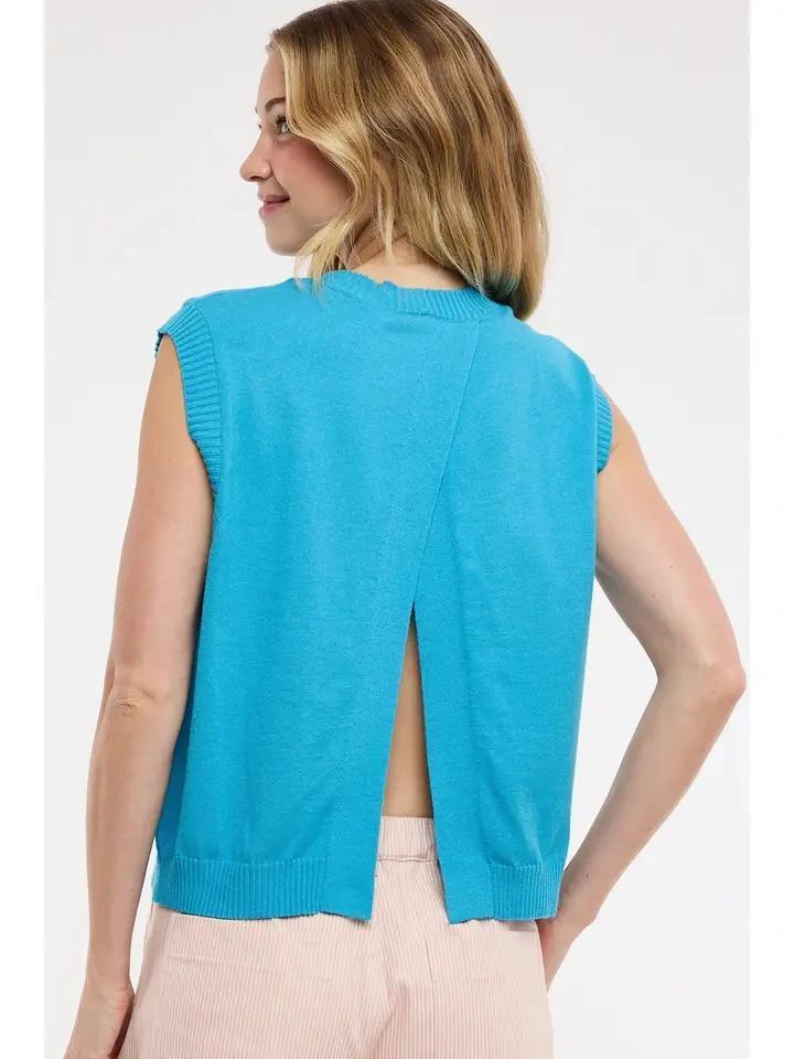 Ocean Blue Back Slit Knit Top