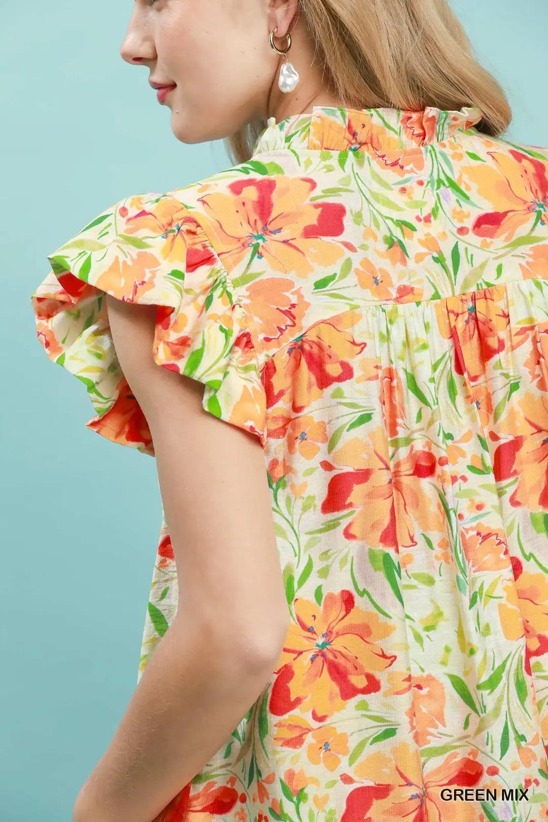 Green Mix Smocked Yoke Floral Blouse
