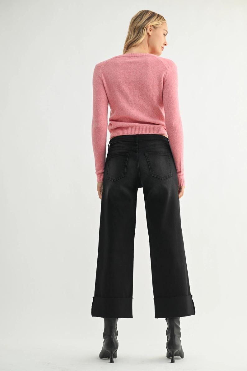 Washed Black Scissor Cut Cuffed Slim Wide
