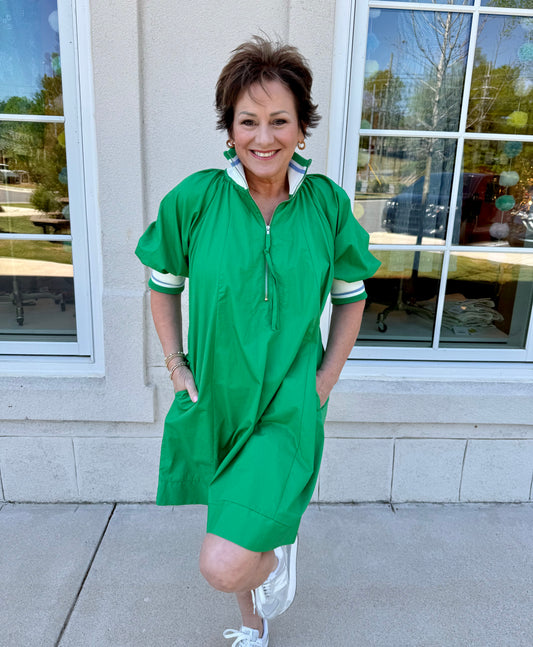 Green Half Sleeve Half Zip Dress