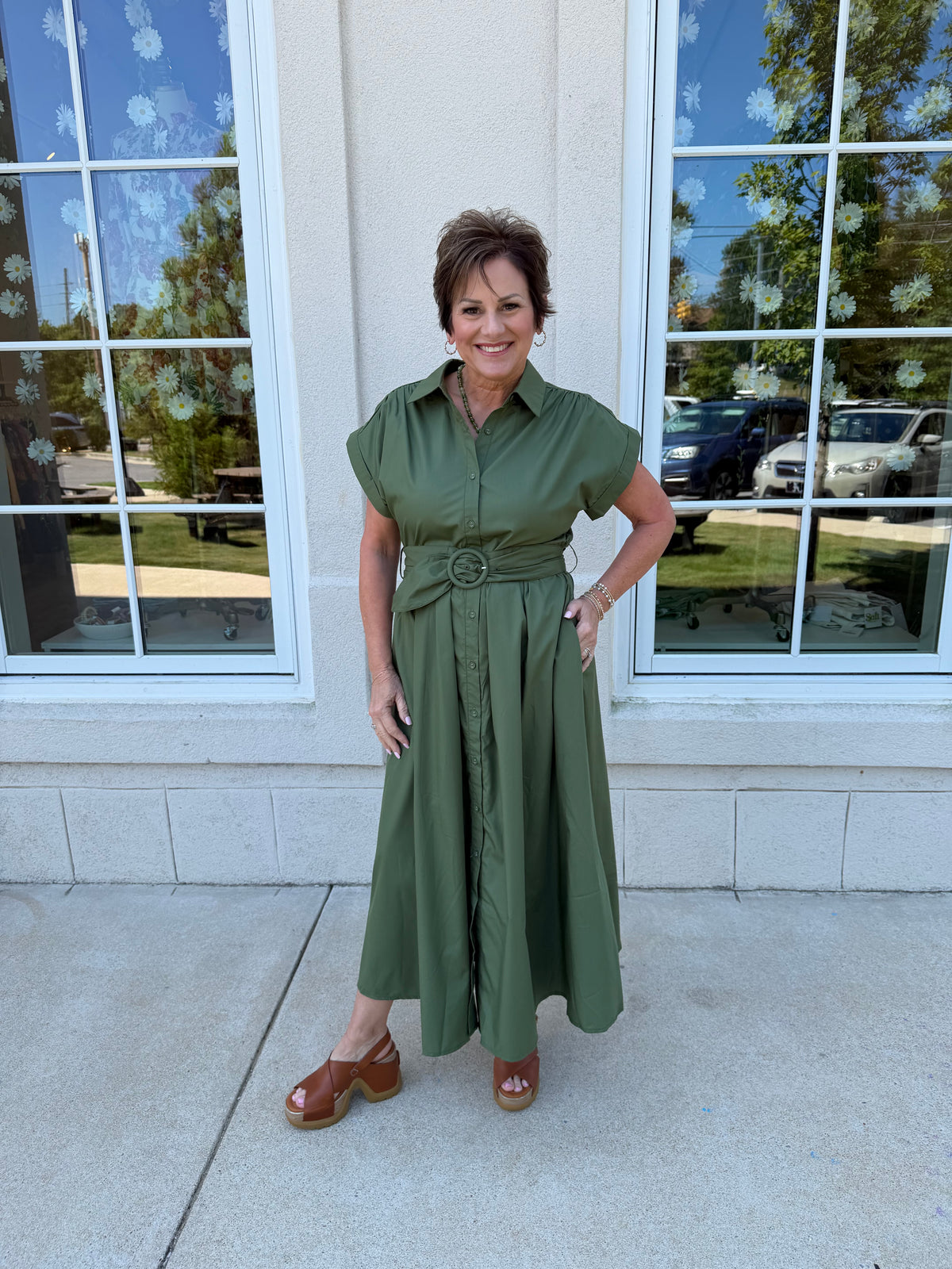 Olive Cuffed Cap Sleeve Midi