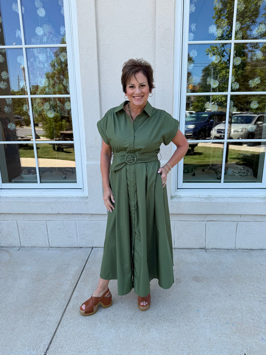 Olive Cuffed Cap Sleeve Midi