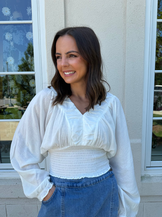 White Ruched Neck Top