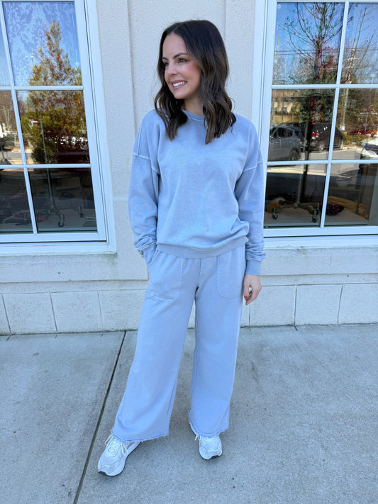 Dusty Blue Wide Leg Cotton Sweatpants