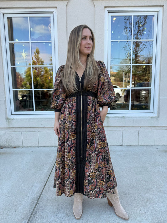 Black Print Zipper Front Midi Dress