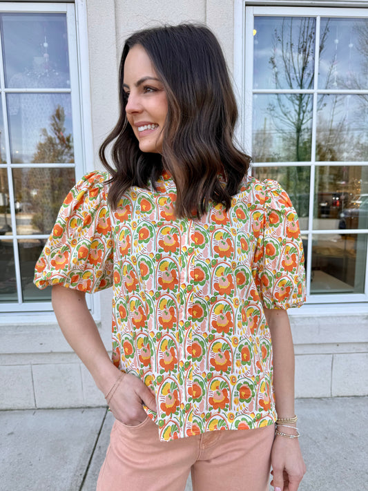 Orange Multi Floral Puffed Sleeve Blouse