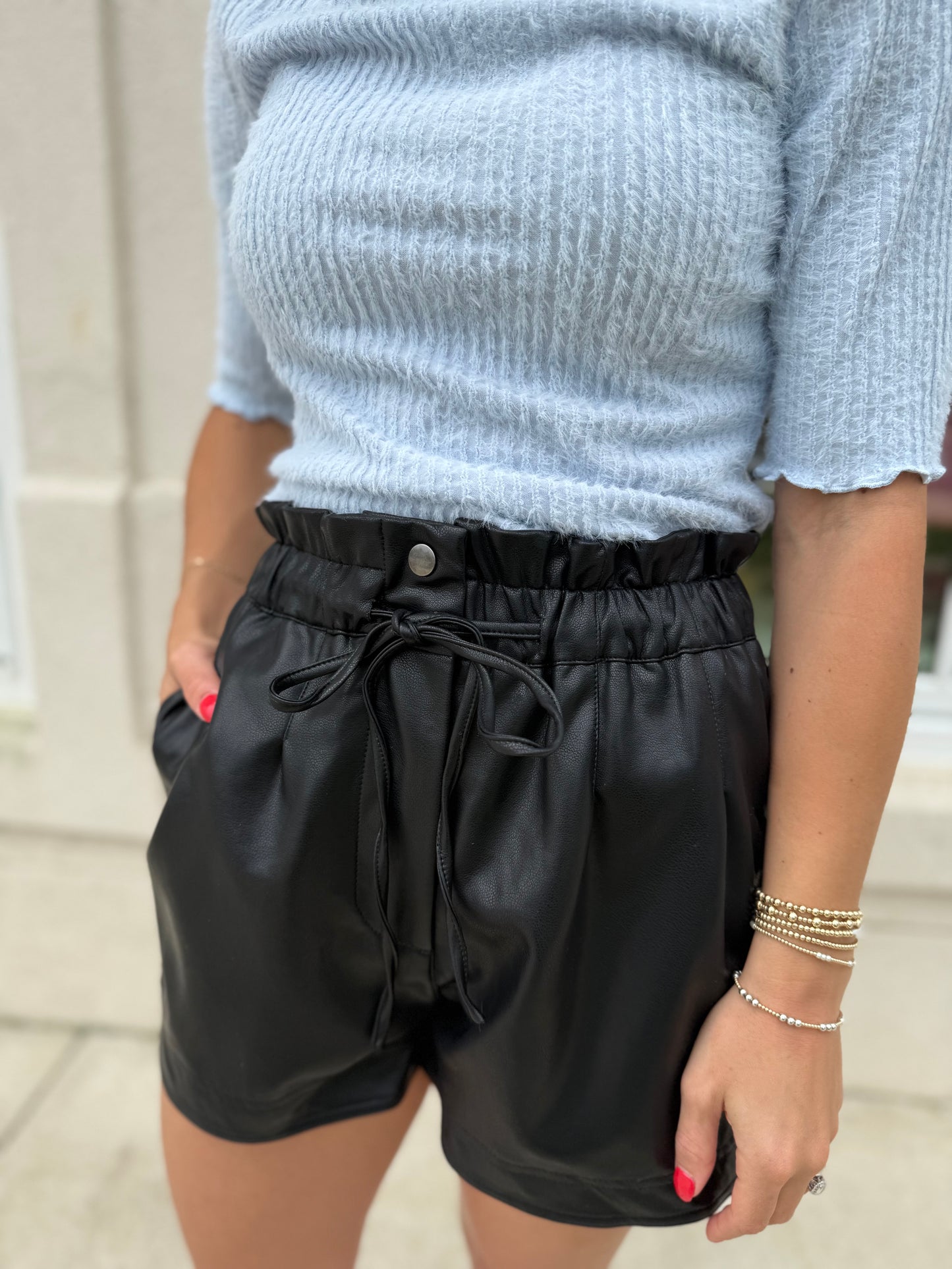 Black Drawstring Faux Leather Shorts