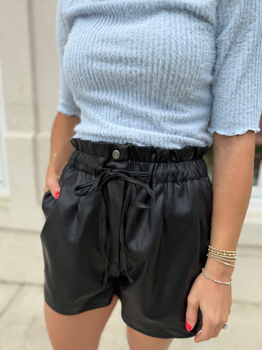 Black Drawstring Faux Leather Shorts