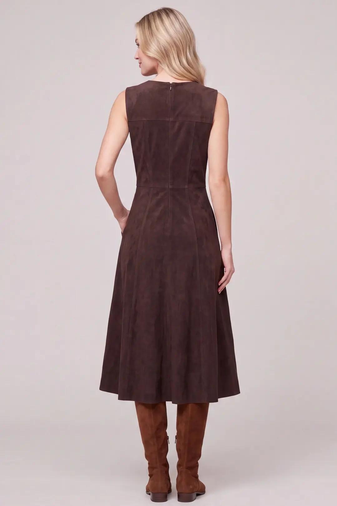 Brown Stretch Suede Midi Dress