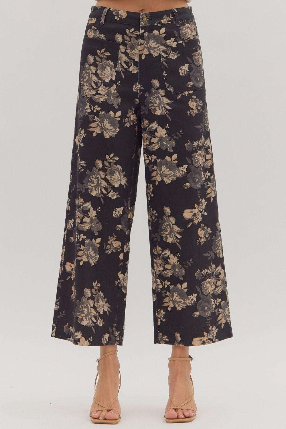 Black and Floral Ankle-Length Pants