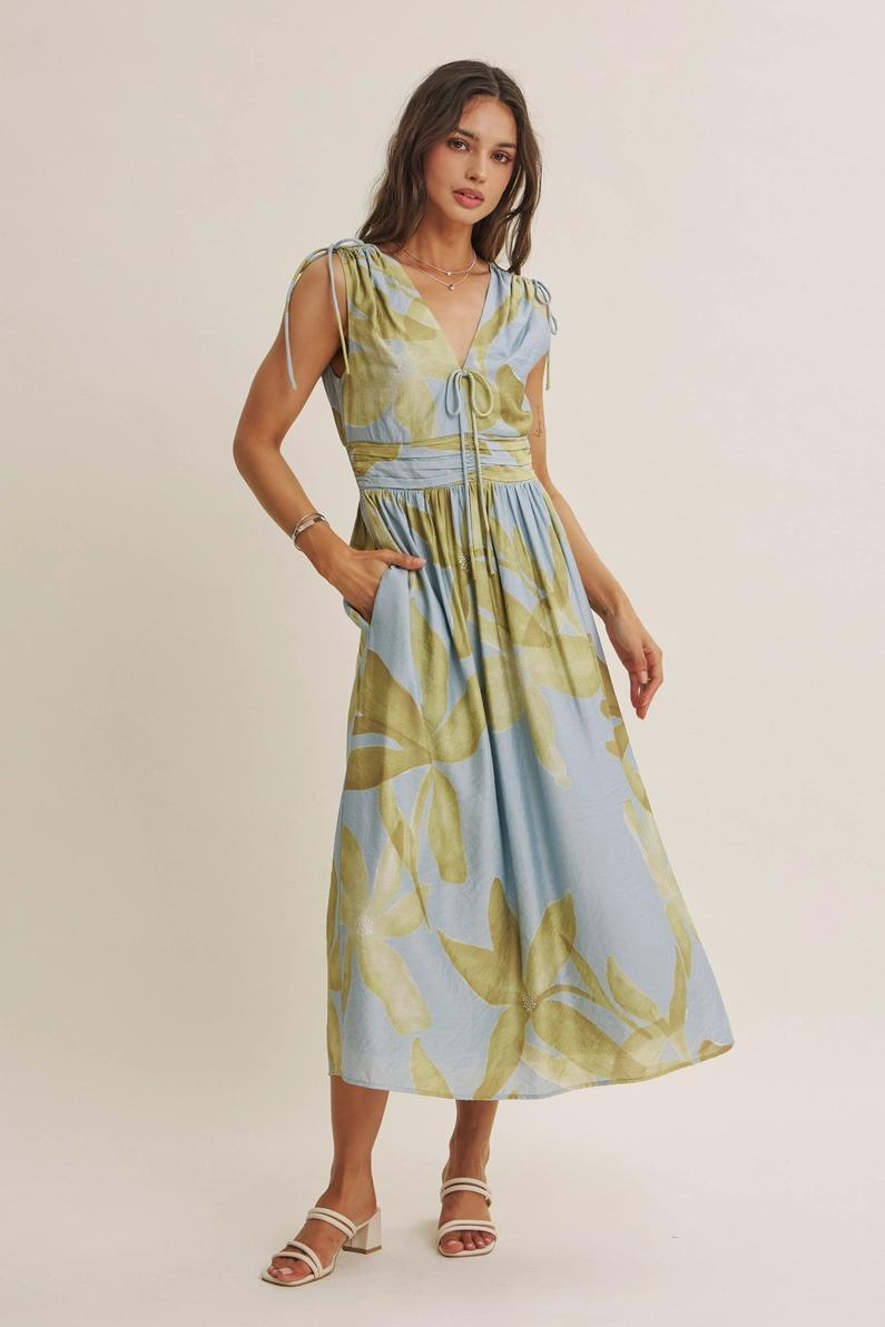 Powder Blue and Light Olive Tropical Floral Midi