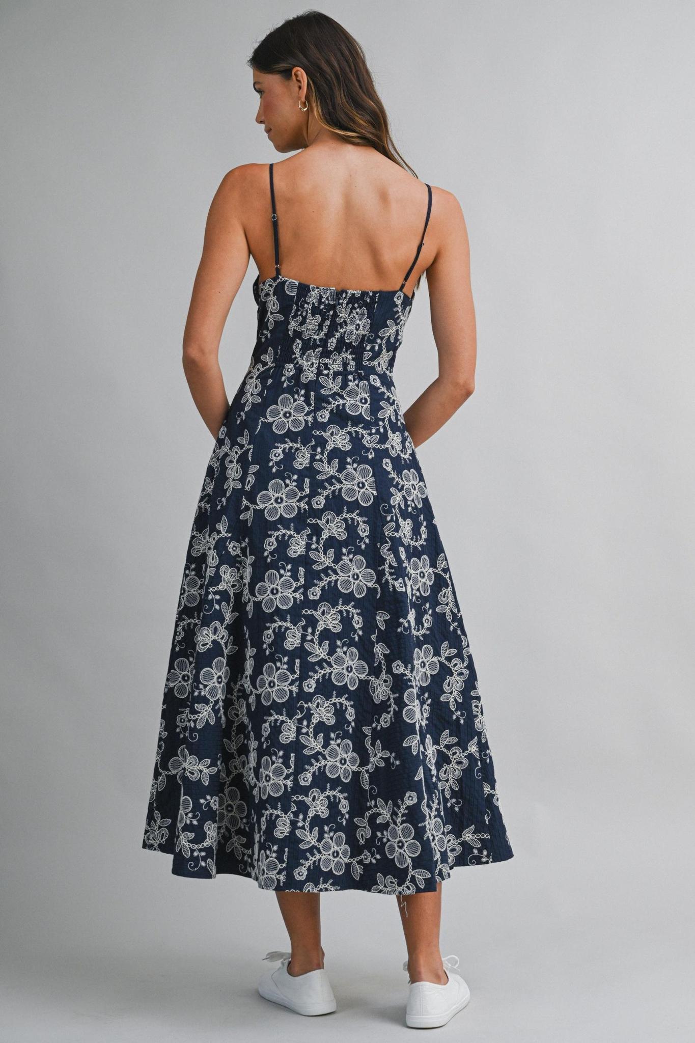 Navy with White Embroidery Dress
