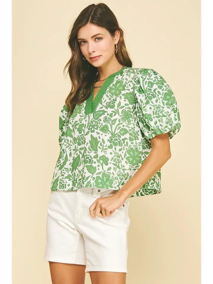 Green Floral Contrast Detailed Top