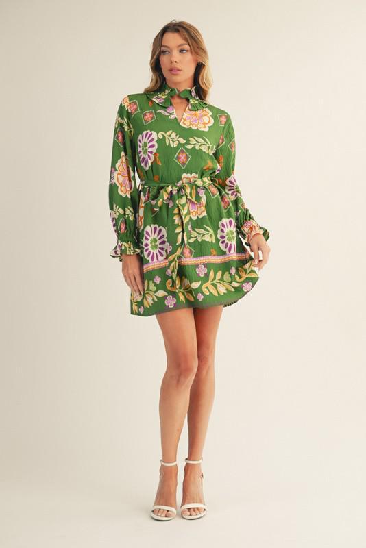 Olive Green Floral  Boho Dress