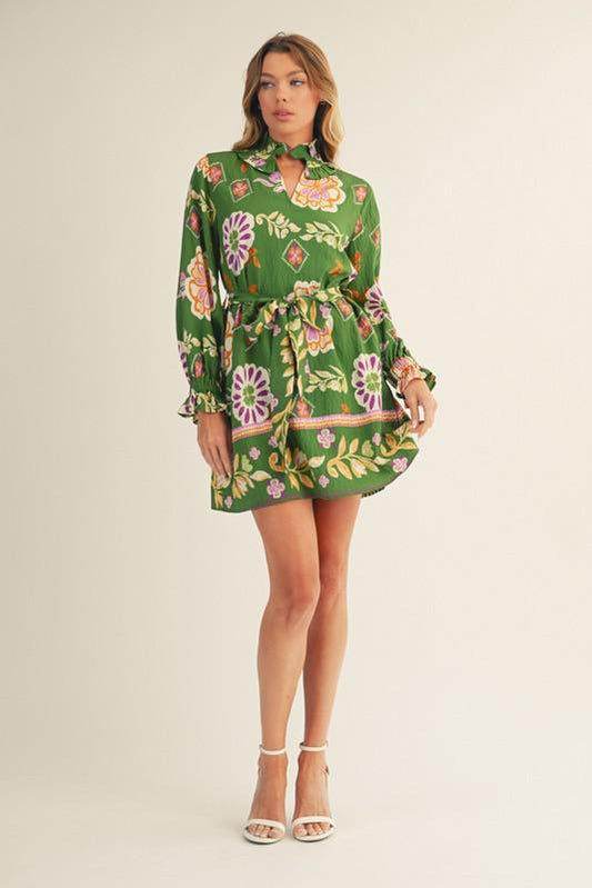Olive Green Floral  Boho Dress