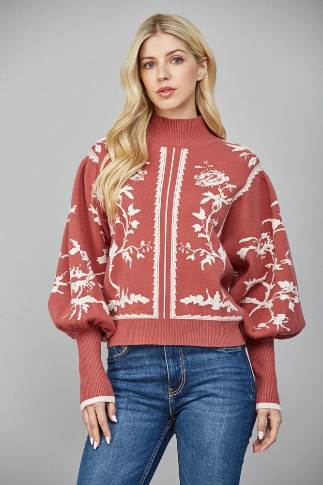Red Bean Balloon Sleeve Mock Neck Sweater