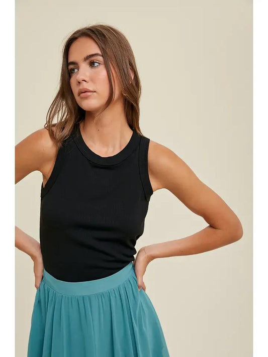 Black Crew Neck Ribbed Knit Tank