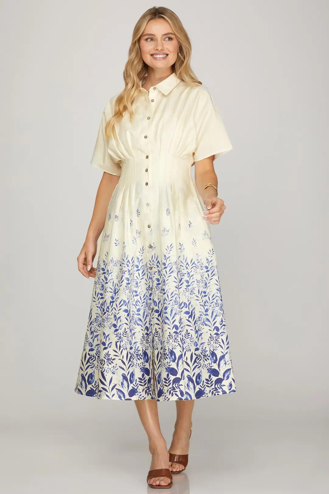Blue and Cream Floral Bordered Midi