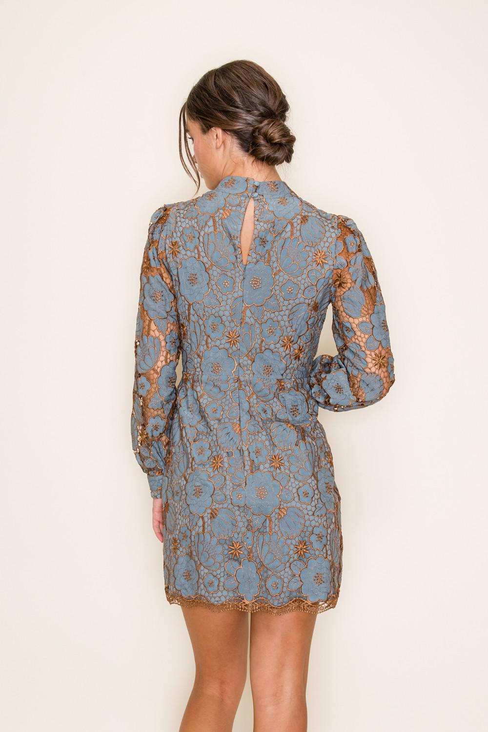 Dusty Blue and Bronze Embroidered Mini Dress