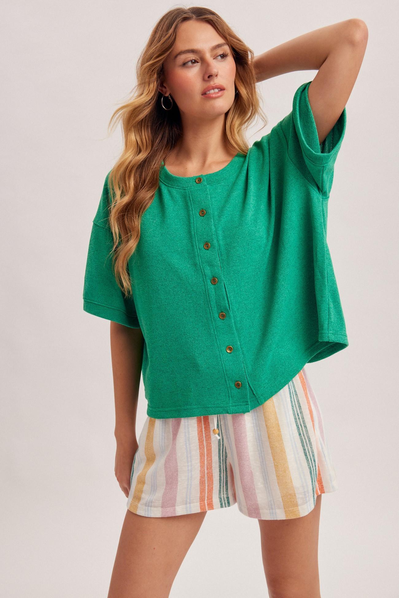 Green Boxy Button Front Cardi Tee