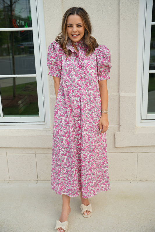 Pink Floral A-Line Midi Dress