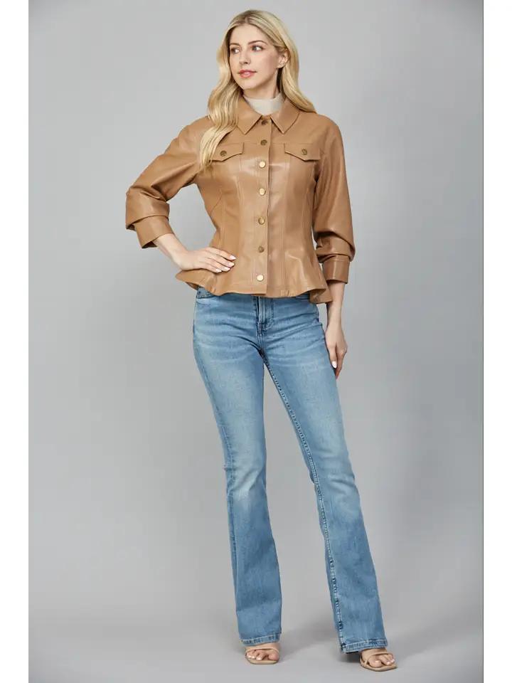 Camel Cinched Faux Leather Jacket