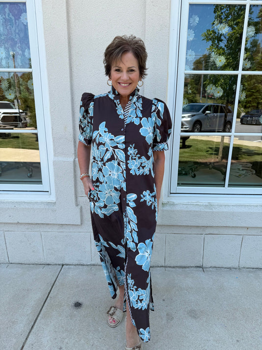 Brown and Turquoise Floral Dress