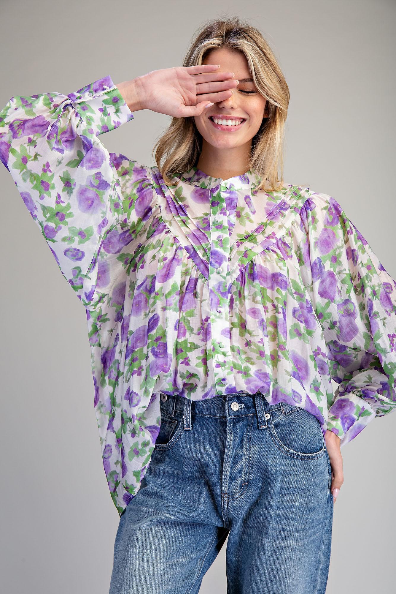 Violet Floral Button Down Top