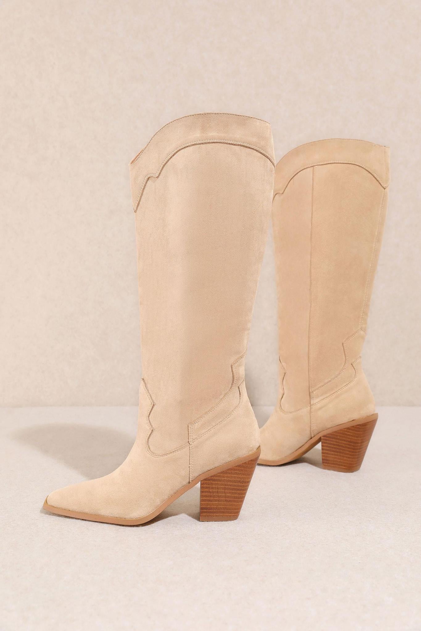Classy Beige Suede Knee High Boots