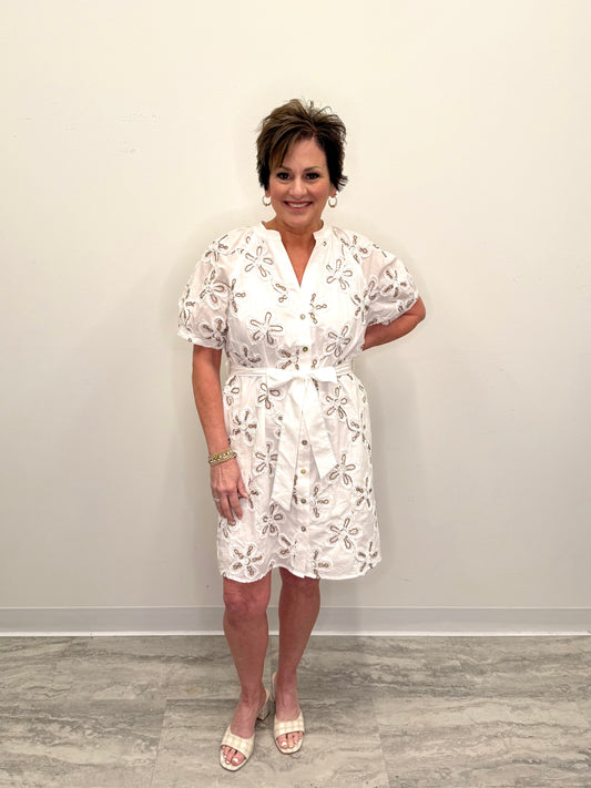 Off White and Tan Embroidered Dress