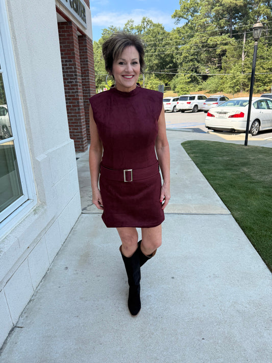 Cherry Lacquer Belted Sleeveless Dress