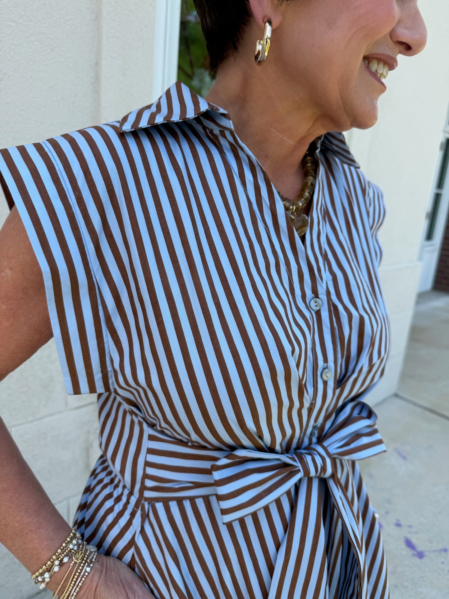 Blue and Brown Striped Midi Dress