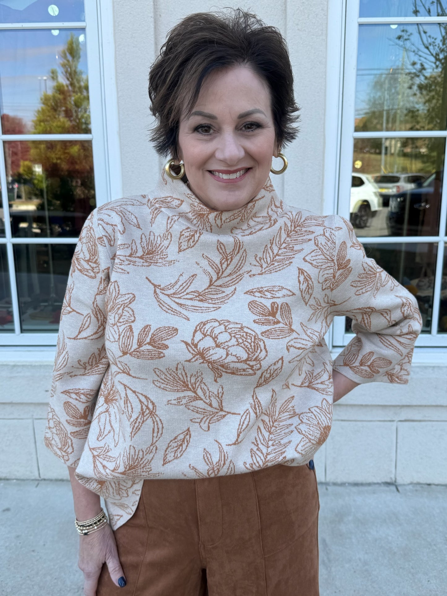 Taupe Floral Jacquard Knit Sweater