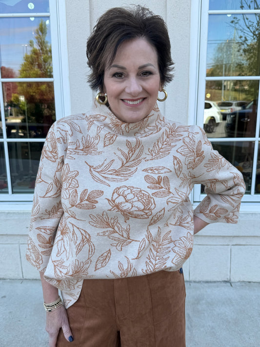 Taupe Floral Jacquard Knit Sweater