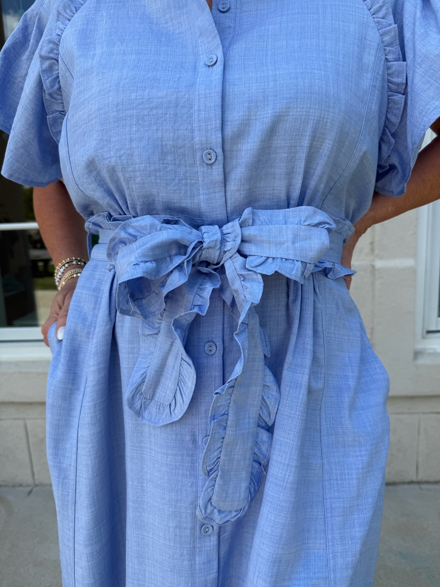 Light Blue Ruffled Detail Midi Dress