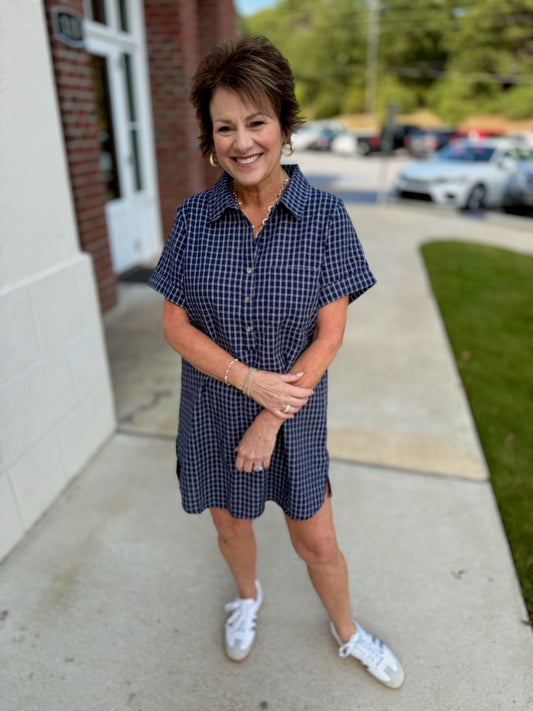 Navy Checkered Easy Shirt Dress
