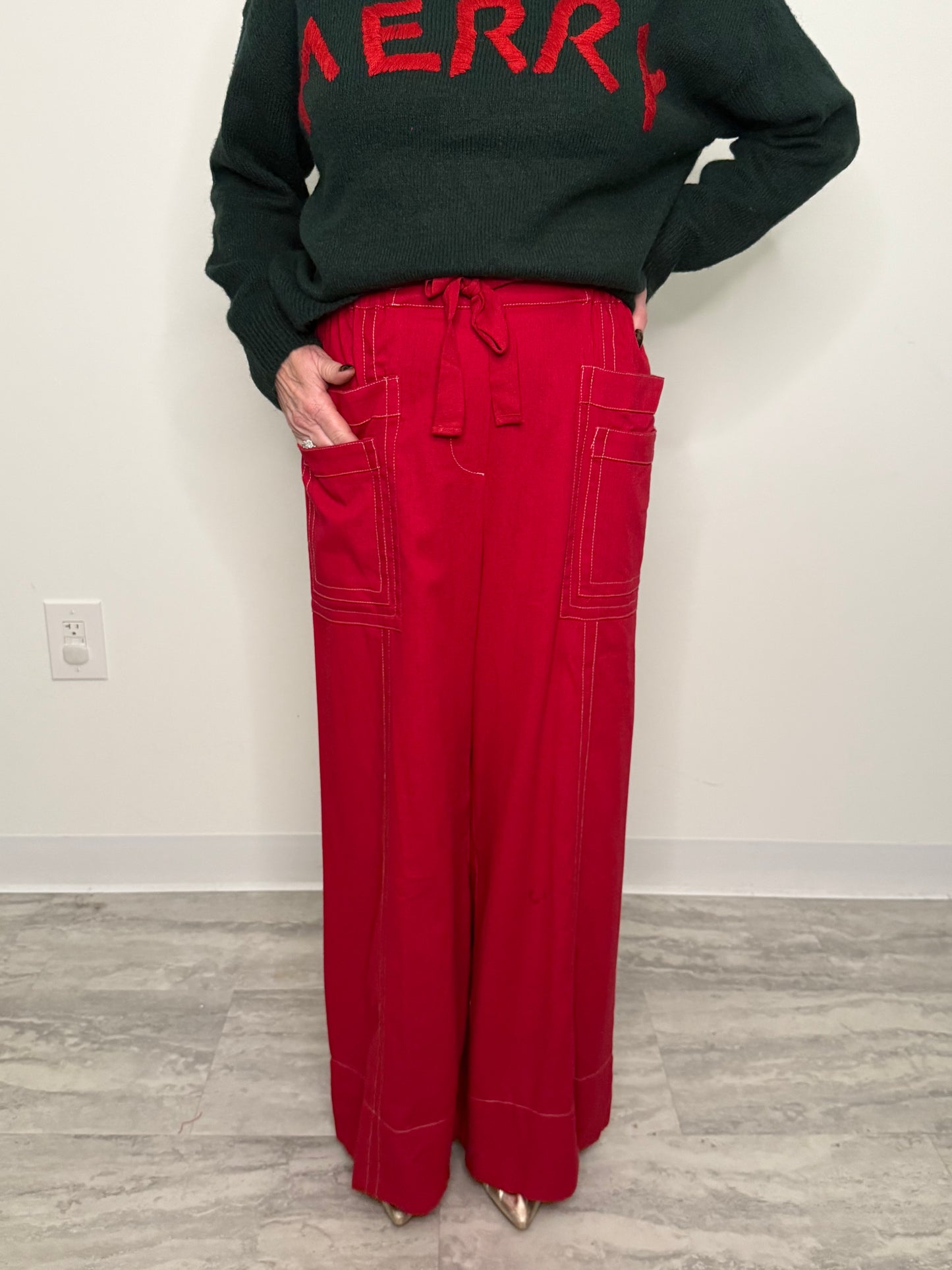 Red Linen Blend Wide Leg Pant