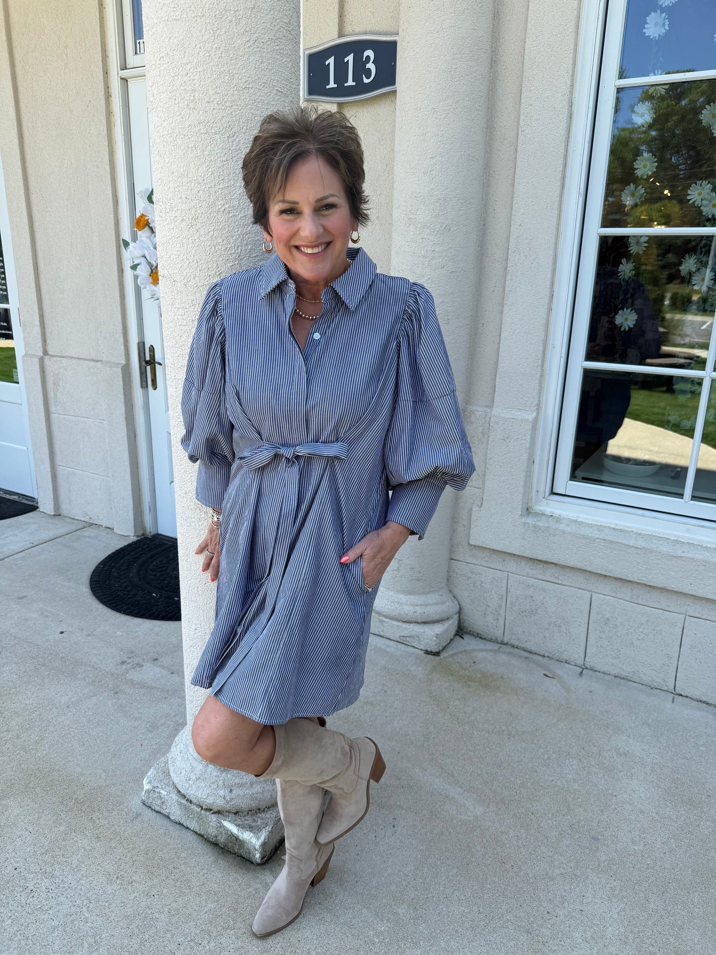 Denim Colored Pinstripe Dress