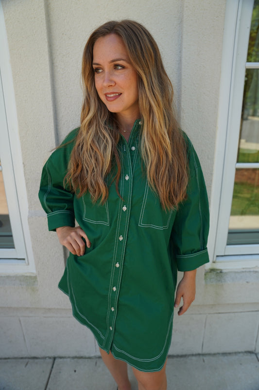 Green Exposed Stitch Shirt Dress