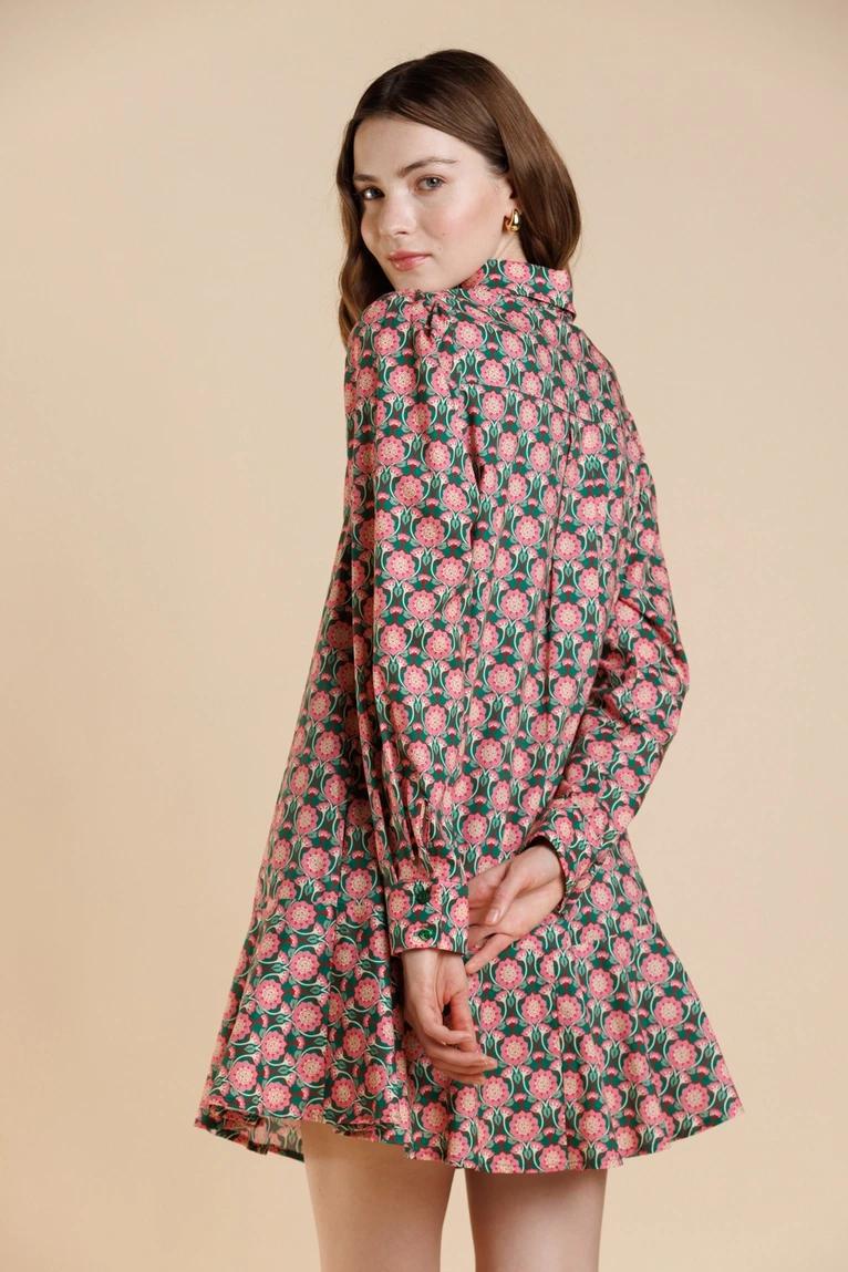 Green and Pink Cotton Poplin Dress
