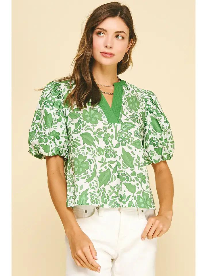 Green Floral Contrast Detailed Top