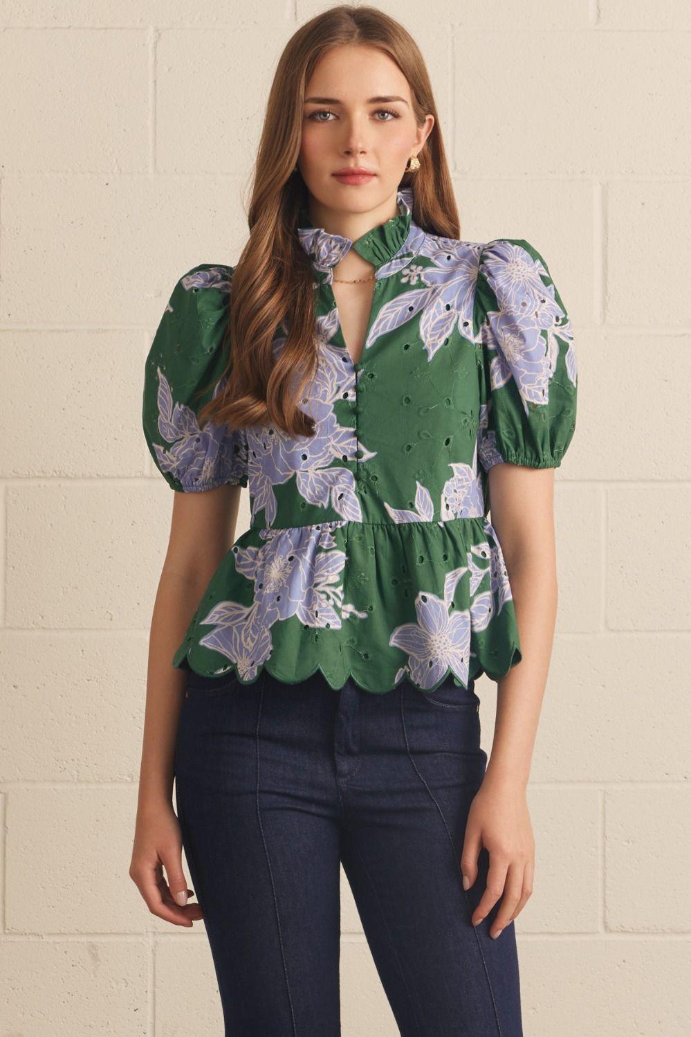 H Green and Lt Blue Floral Eyelet Top