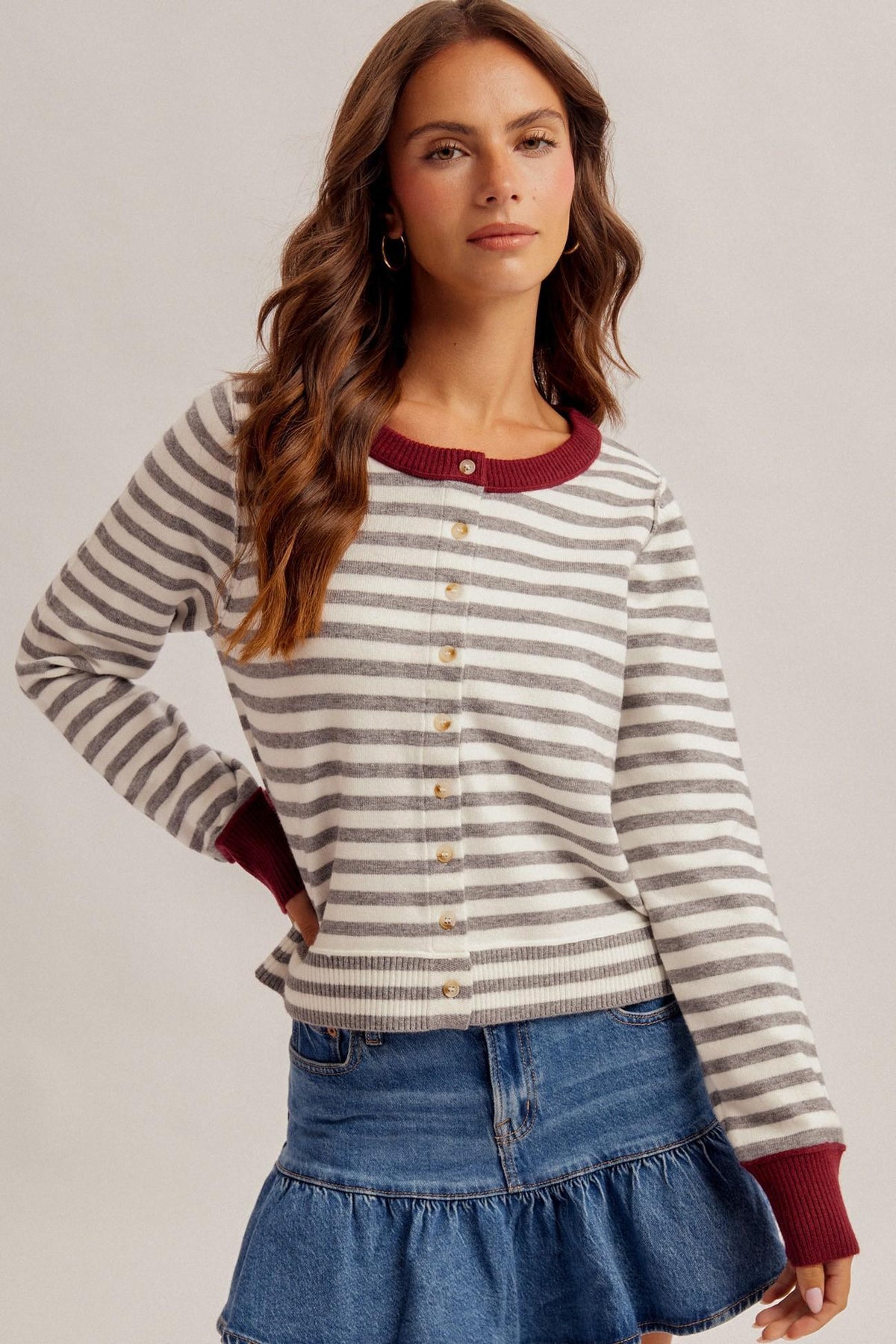 Heathered Grey and Burgundy Stripe Cardi