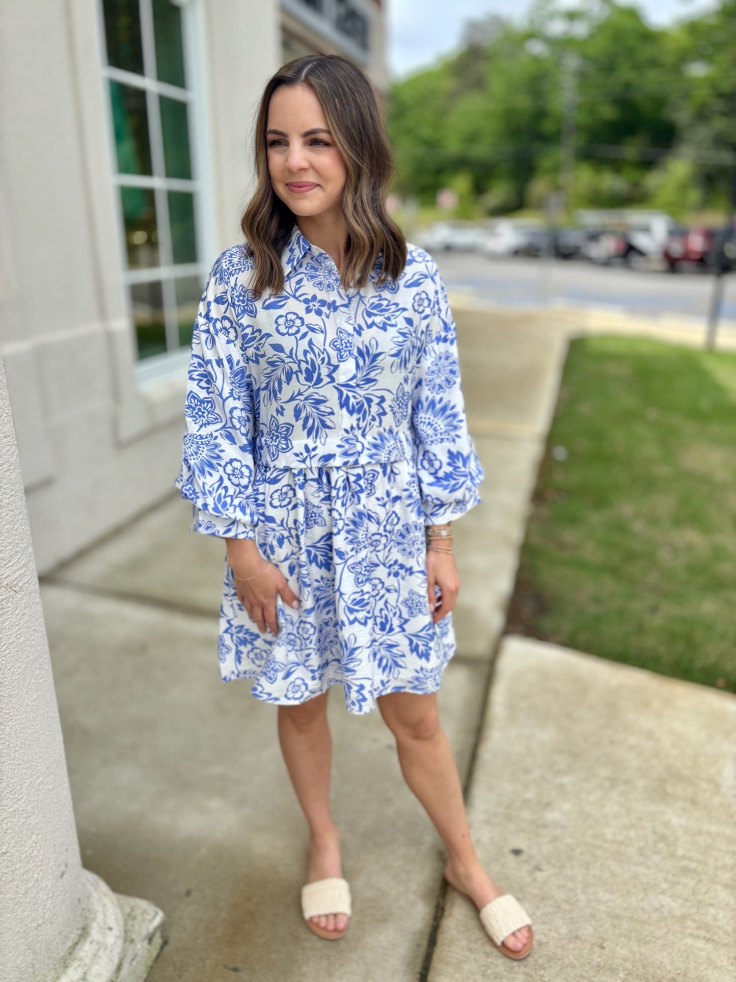 White and Blue Shirt Mini Dress