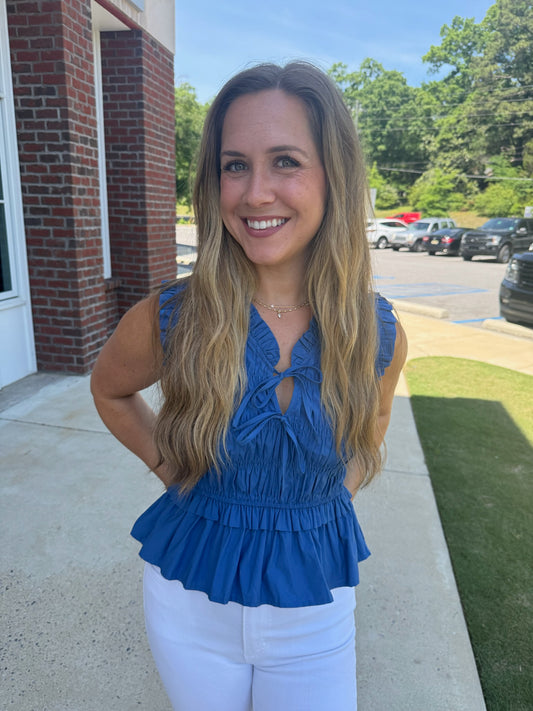Denim Front Tie Smocked Top