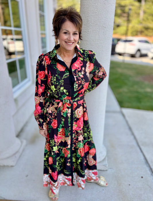 Black and Red Floral Print Shirt Dress