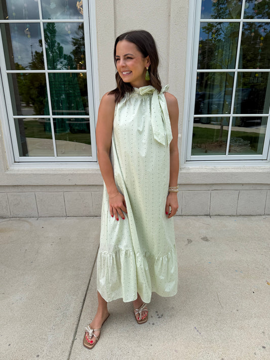 Sage Dotted Pattern Midi Dress