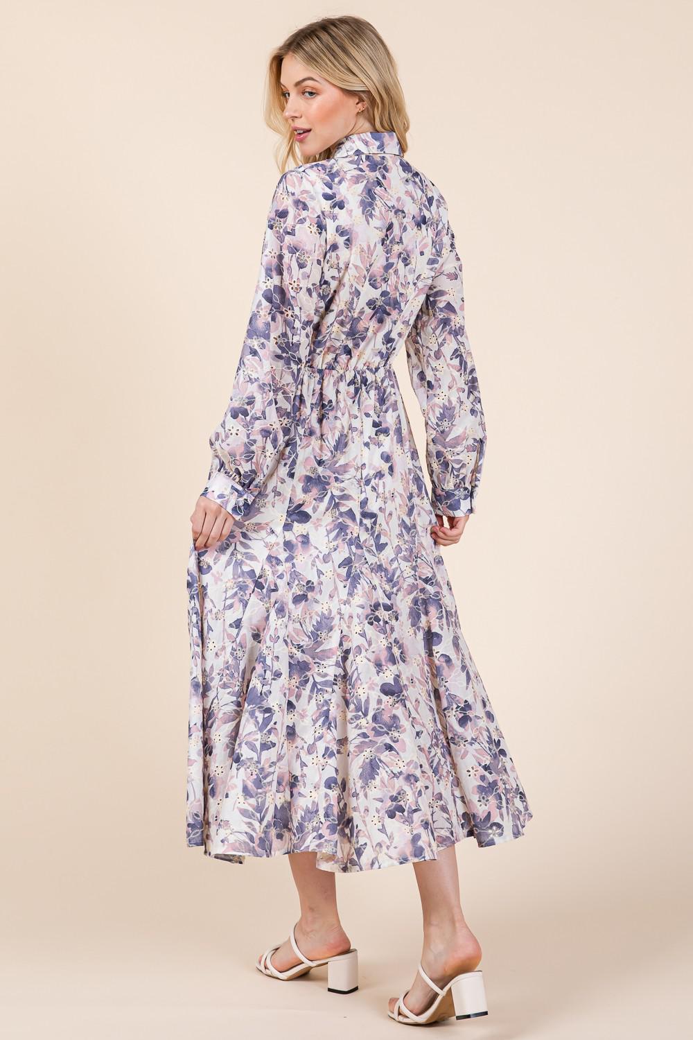 Lilac Floral Eyelet Midi Shirtdress